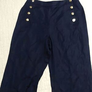 Calvin Klein Navy Blue High-Waist Wide Leg Linen Pants with Gold Buttons